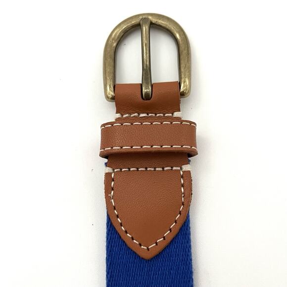 J Crew Blue Cotton Brown Leather Belt w Brass Buckle Size 32 Classic Preppy EUC - Picture 3 of 4